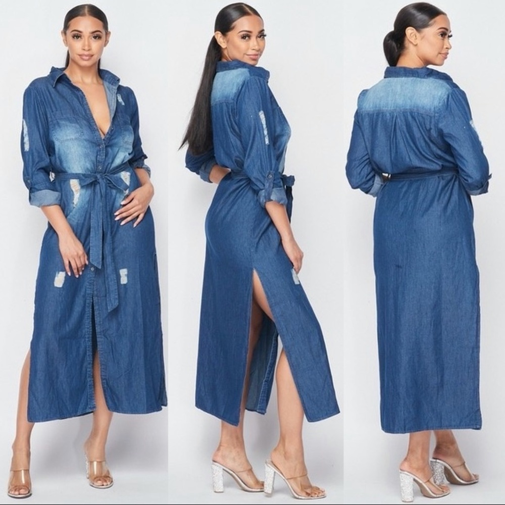 💙 Dark Denim Button Down Midi Maxi Dress with Side Slits (C)